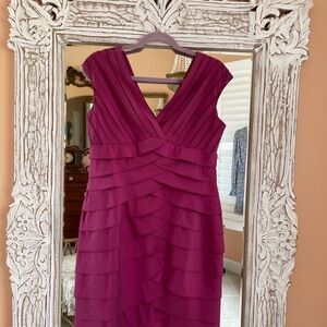Adrianna Papell Magenta Layered Poly Nylon Back Zip Short Dress Med